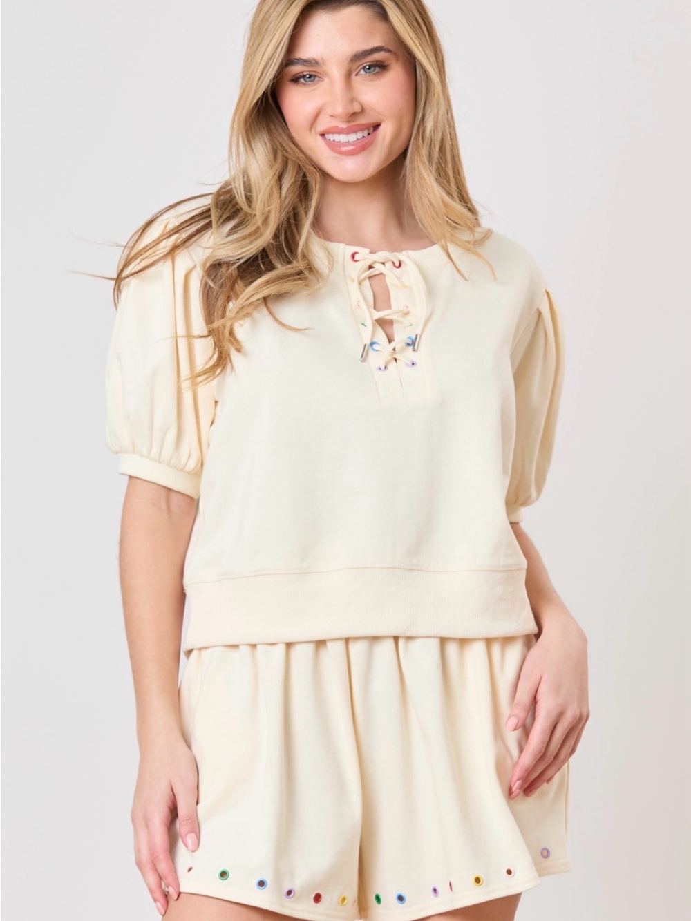 Peach Love California Cream Lace-Up Puff Sleeve Sweatshirt